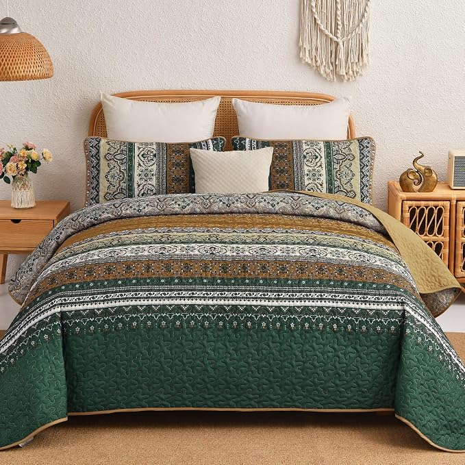 WONGS BEDDING Boho Quilt Queen Size,3 Pcs Bedspread Set, Brown Green | Colorful Bohemian Striped Printed Bedding for All Season, Lightweight Microfiber Coverlet Set with 2 Pillowcases(96"x90")