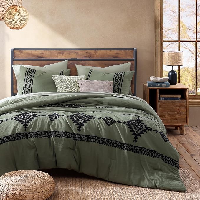 MaiRêve Embroidery Queen Comforter Set 7 Pieces Olive Green Bed in a Bag | Western Boho Farmhouse Bedding Sets with Comforter, Sheets, Pillowcases & Shams