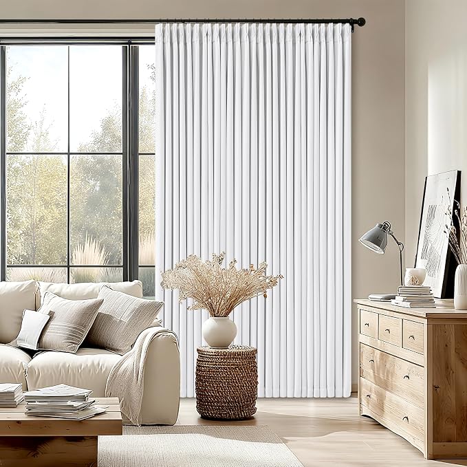 TWODRAPES Snow White Pleated Linen 100% Blackout Curtains 120 Inches Long | Pinch Pleat Back Tab, Linen Drapes with Liner, Black Out Thermal Insulated, Energy Saving Curtain for Living Room Bedroom
