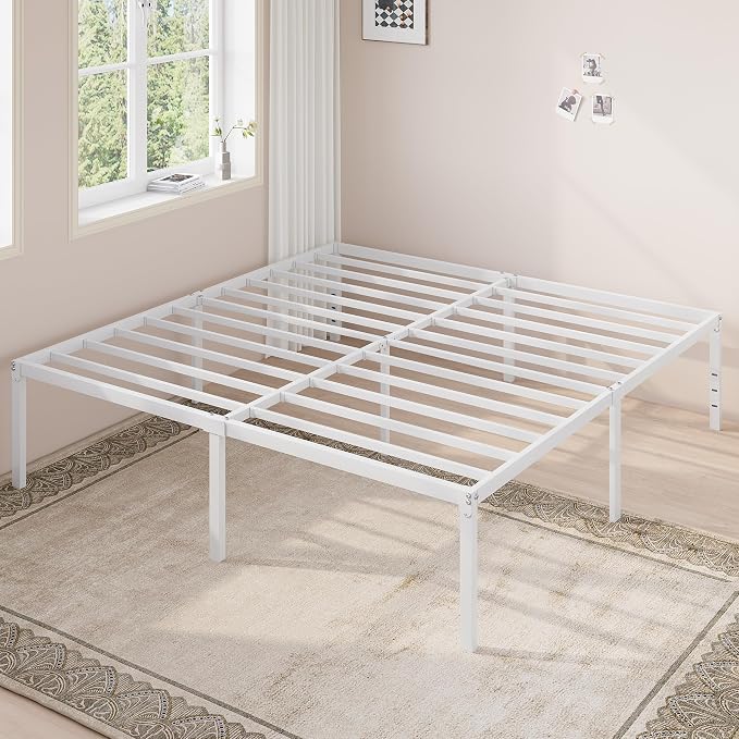 Allewie King Size Bed Frame, 18 Inch Metal Beds with Storage Space, White | Heavy-Duty Metal Platform Beds, Large Under-Bed Storage Space, No Box Spring Needed, Easy Assembly