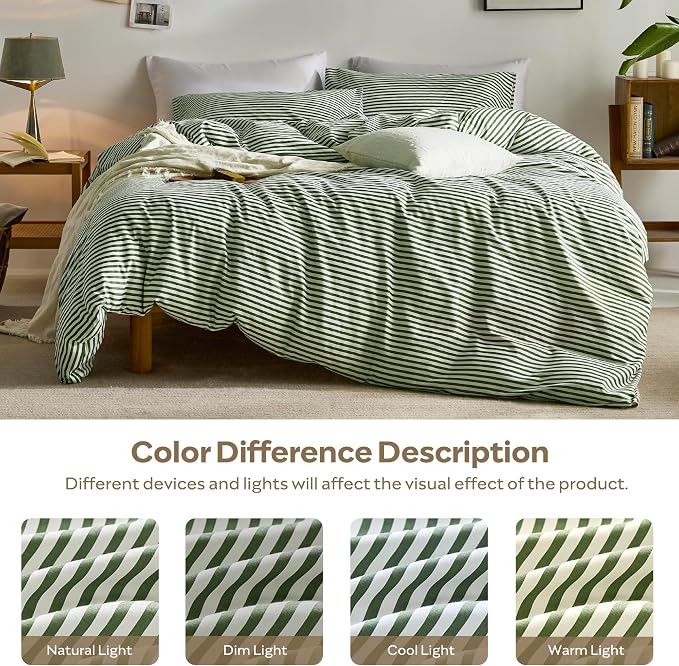 JELLYMONI 100% Cotton Classic Striped King Duvet Cover Set, Green/White | Breathable Softness, Oeko-Tex Certified, Classic Stripes, 8 Corner Ties & Double Hidden Zipper