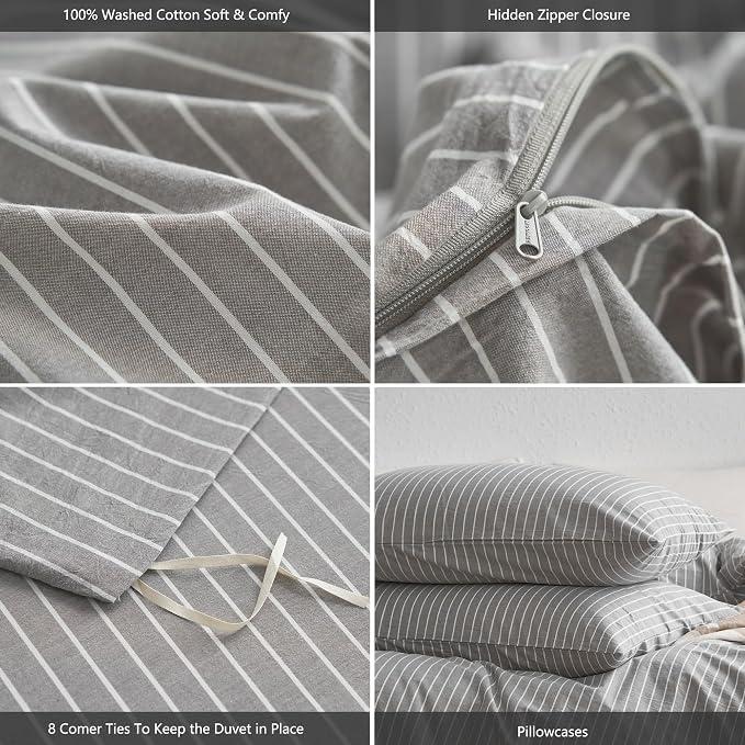MooMee Striped Duvet Cover Set 100% Washed Cotton Linen Like | Relaxed Linen-like Texture. Soft, Breathable & Long-lasting Comfort. Lightweight. Hidden Zipper with 8 Interior Corner Ties