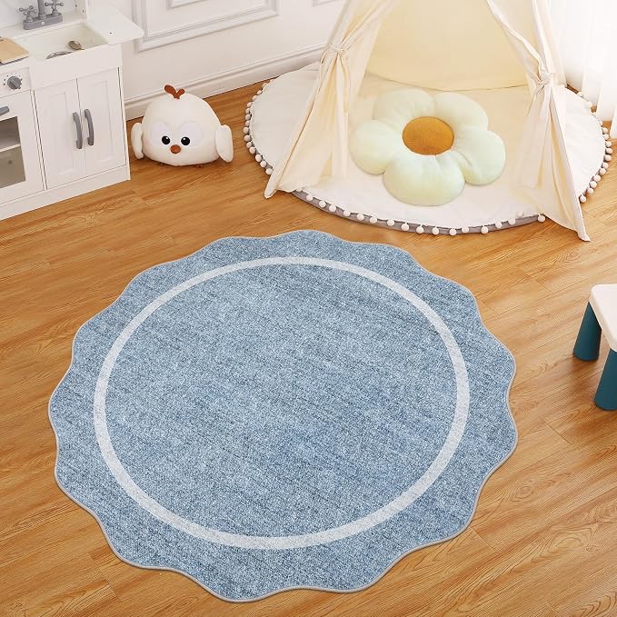 GarveeHome Scalloped Round Rugs 6Ft Washable Area Rug for Playroom, Blue | Kids Non-Slip Neutral Classic Circle Rug Modern Large Carpet Soft Boys Rug for Classroom Dorm Bedroom
