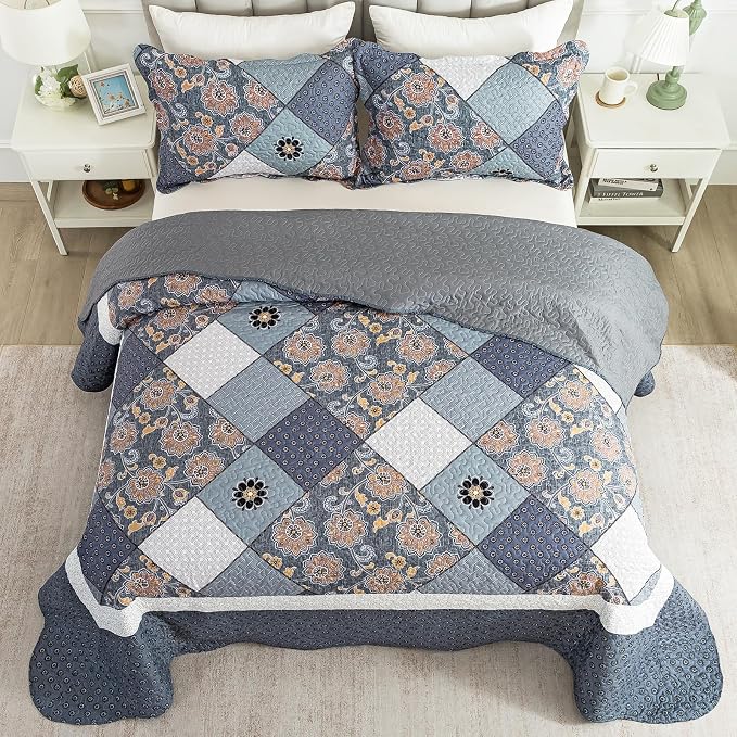Quilt Set King Size, Bedspread Sets Delicate Square Floral, Quilt Bedding Set Lightweight and Breathable for All Seasons, Soft Quilted Bedspread with 2 Pillow Shams