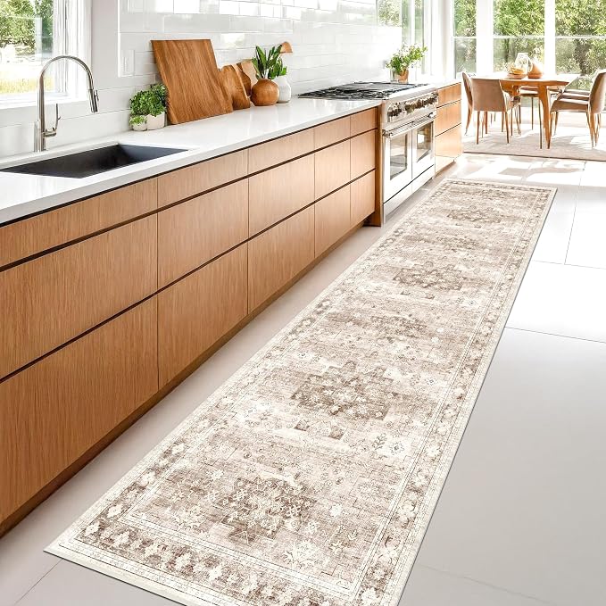 Non Slip Hallway Runner Rug - 2 x 10 Runner Rug, Washable & Waterproof Kitchen Floor Mat - Extra Long Neutral Farmhouse Boho Design Décor (2x10 Beige/Latte)