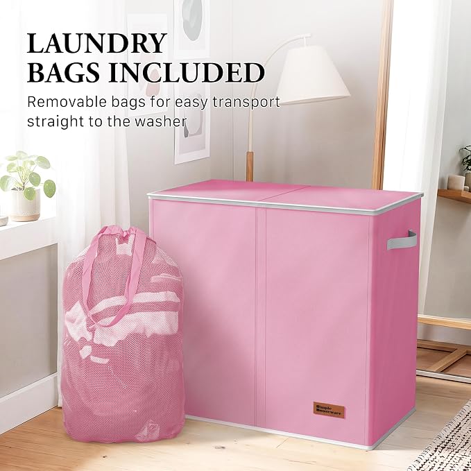 Simple Houseware Double Laundry Hamper with Lid & Removable Bags, Pink | Heavy Duty 600D Polyester, Water-Resistant Surface