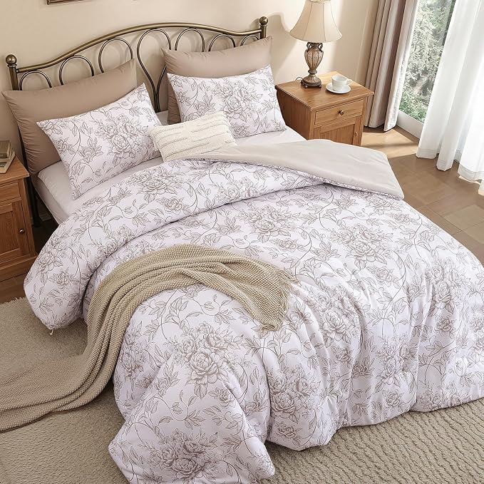 JANZAA Queen Size Comforter Set - Oatmeal Floral Shabby Chic Bedding | 3 Piece Cute Floral Bedding for All Season, 1 Soft Fluffy Breathable Microfiber Comforter Set with 2 Pillowcases