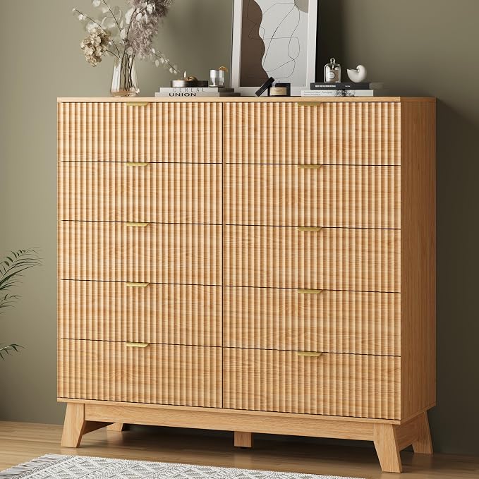 Fluted Dresser for Bedroom with 10 Drawers, 48" Wide Modern Chest of Drawers with Metal Handle, Wooden Dresser TV Stand, Wood Closet Clothes Storage Organizer for Living Room, Hallway, Natural Oak