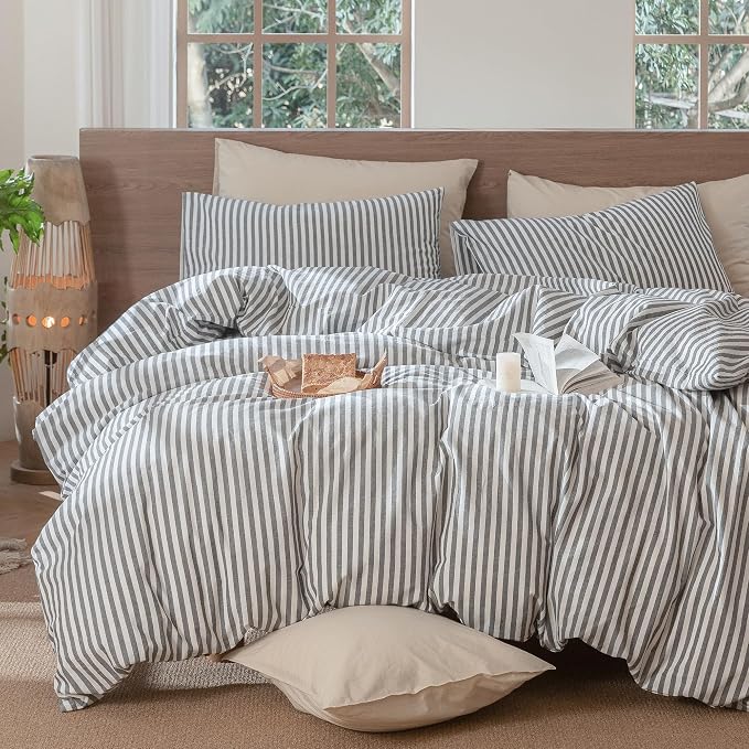 MooMee Striped Duvet Cover Set 100% Washed Cotton Linen Like Cal King | Relaxed Linen-like Texture. Soft, Breathable & Long-lasting Comfort. Lightweight. Hidden Zipper with 8 Interior Corner Ties