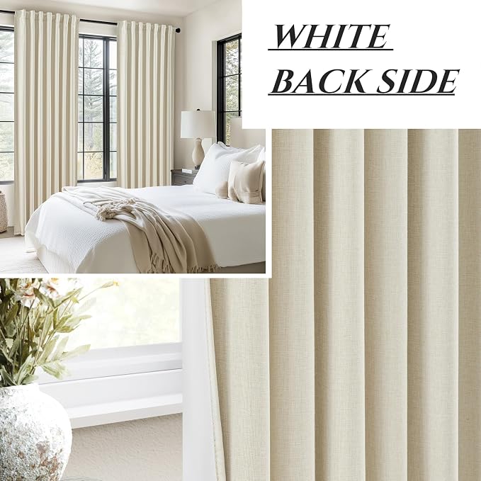 Warm Cream Thick Linen Black Out Curtains 86 Inch Long for Living Room 2 Panels Set, Farmhouse Pleated Room Darkening Window Drapes Insulated Privacy for Kids Bedroom 50"W x 86"L (Rod Pocket Back Tab)