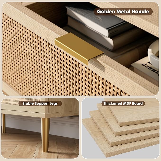 GarveeHome Rattan 5 Drawer Dressers for Bedroom, Deep Drawer, Natural | Tall Dresser, Wide Top, for Living Room, Hallway, Kids Room, Large Chest of Drawers for Closet, Long Wooden Dresser