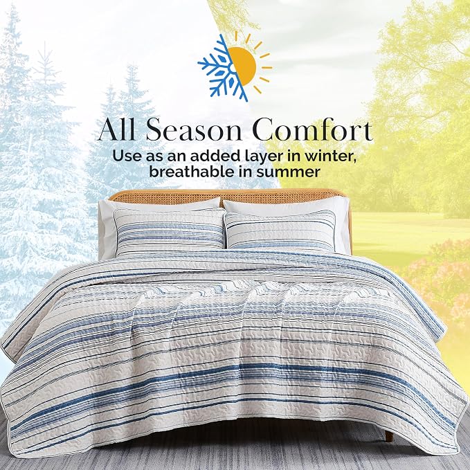 Southshore Fine Living, Inc. Twin XL Quilt Bedding Set, Dorm Bedding Essentials, Stain Resistant, Hotel Quality Striped Bedspread, Twin XL Coverlet Set w/Quilted Pillow Sham, Blue Striped Quilts
