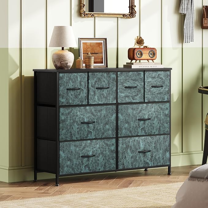 WLIVE Wide Dresser for Bedroom, 8 Drawer Chest of Drawers, Vintage Green | 8 roomy fabric drawers, Wide storage design, Bedroom or closet use, Sturdy steel frame, Smooth wood tabletop