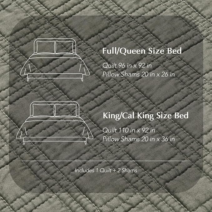EVERGRACEHOME Cotton Sateen Windowpane Quilt Set King Size, Stone Sage | 100% Cotton, Pre-Washed Soft Coverlet Bedspread, 3-Piece Lightweight Bedding Set for All Season, with 2 Pillow Shams