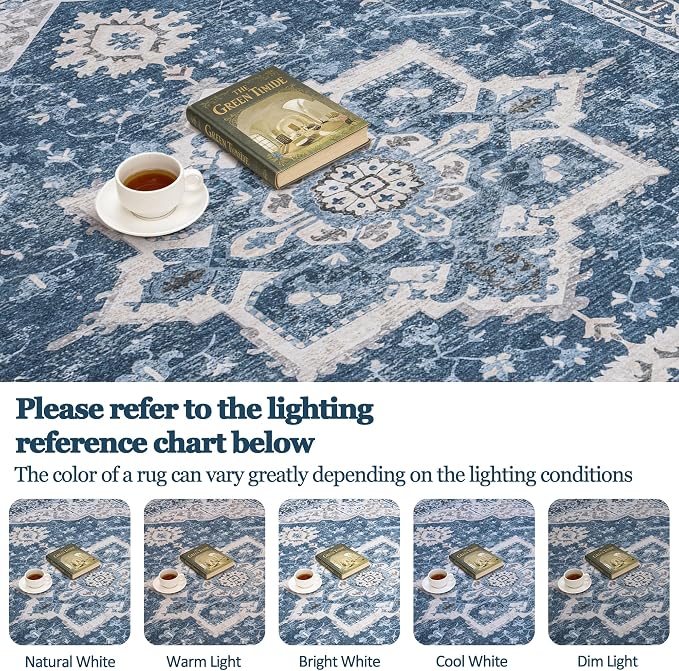 9x12 Washable Area Rugs for Living Room Blue Non-Slip Rug | Vintage Medallion Rug,Soft Low Pile Large Rugs,Indoor Retro Carpet for Bedroom Nursery Dining Table Farmhouse Home Office