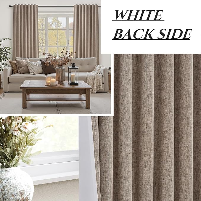 Dark Flax 100% Blackout Curtains 86 Inch Length 2 Panels Set Farmhouse Style for Bedroom Windows/Living Room Thermal Insulated Neutral Boho Drapes Linen Blend Chocolate Hook Belt Pleated (50"W x 86"L)