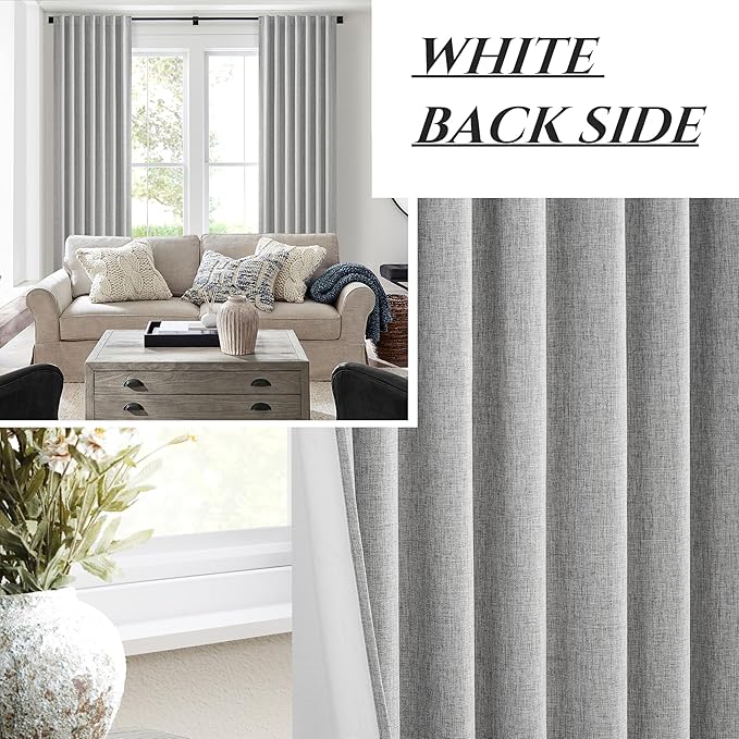 100 Inch Long Gray Blackout Curtains for Bedroom 2 Panels Set, Linen Pleated Floor to Ceiling Thermal Drapes Hooks Rings Back Tab 50 x 100 Inches Length Textured Window Drapes Decor(50"Wx100"L)