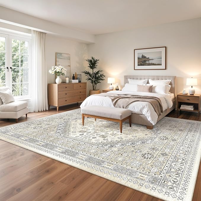10x14 Area Rugs for Living Room,Large Washable Rug,Beige | Rugs for Bedroom,Dining Room,Office,Low Pile,Soft, Vintage Rug,Stain Resistant Indoor Carpet,Non Slip,Home Decor