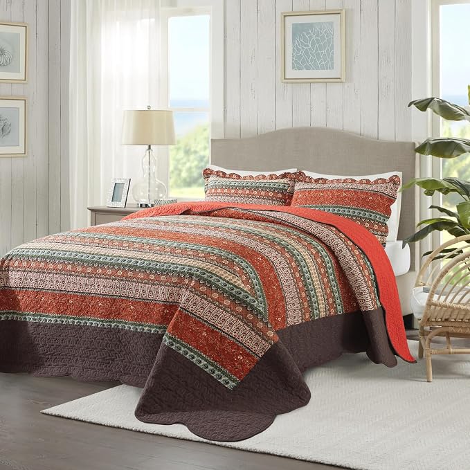 Cotton Bedspread Quilt Sets - Reversible Patchwork Coverlet Set, Red Striped Jacquard Pattern, Oversized King Size