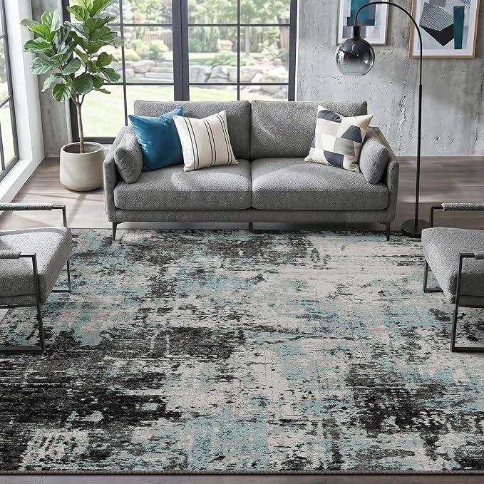 RELEANY Washable 5'x7' Abstract Area Rug for Living Room Teal Black | Carpet for Bedroom, Kitchen, Office, Hallway and Entryway, Printed Pattern, Non‑Slip, Soft, Stain‑Resistant, Easy to Clean