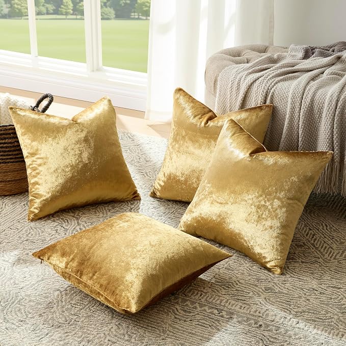 GIGIZAZA Pack of 4 Gold Decorative Velvet Pillow Covers 18x18 | Throw Pillows for Couch Sofa,300gsm Soft Thick Fabric,Modern Accent Pillowcases,Luxury Living Room Cushion Covers