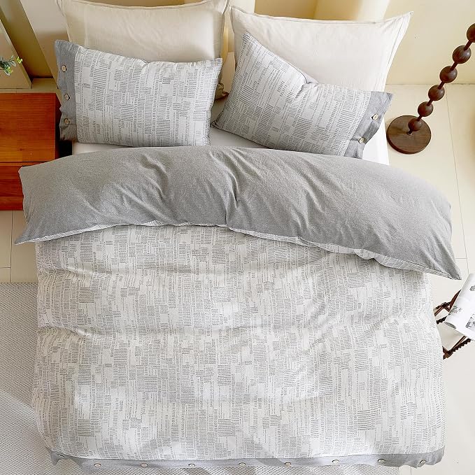 Oli Anderson 100% Egyptian Cotton Duvet Cover Queen Size, Grey, 3 Pieces | Yarn Dyed Jacquard Textured Bedding Set, Striped Boho Design, Pre-Washed, Button Closure, Soft Breathable, All Season Comfort