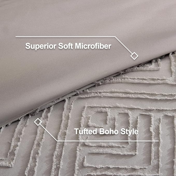 Litanika California King Comforter Set, 3 Pcs Tufted Boho Bedding Set | Milk Grey Farmhouse Shabby Chic Vintage Bohemian Textured Aesthetic Soft Fluffy Lightweight Breathable All Season Bed Set