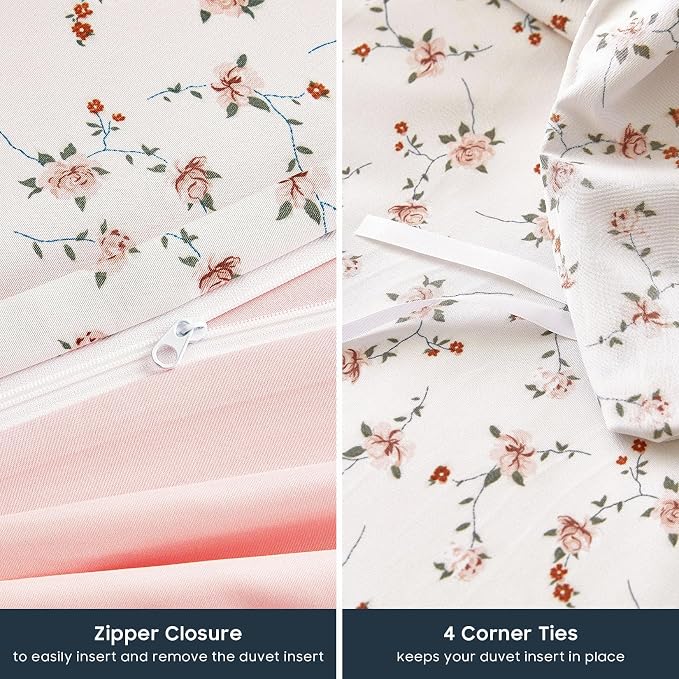 Wake In Cloud - Floral Duvet Cover Set, Coquette Cottagecore Aesthetic Cute Flower Pattern for Women Teen Girls, Soft Lightweight Bedding, 3-Piece, Pink, Full Size