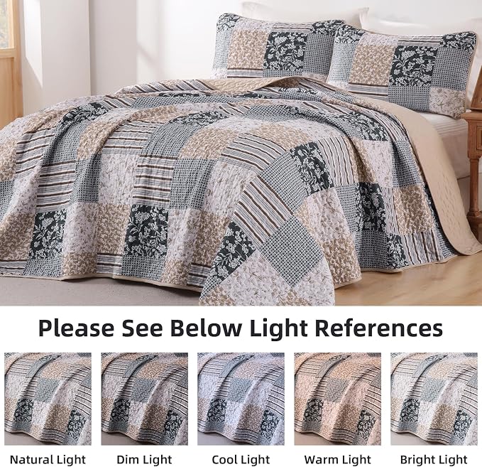 Mybedsoul Boho Quilt King Size, Patchwork Bedding Set, Blue Brown | Soft Lightweight Microfiber Floral Coverlet Set, 3 Pieces Plaid Bedspread, Bed Sets for All Seasons 90"x110"