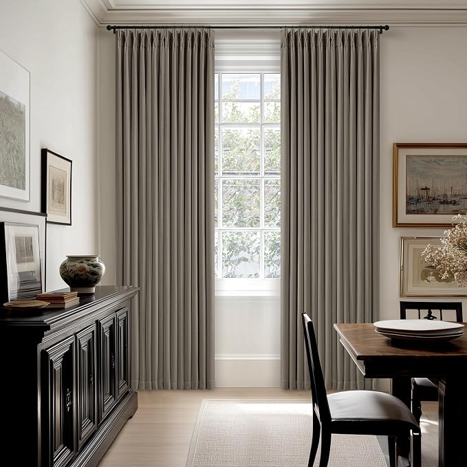 Desert Taupe Linen Blackout Pleated Curtains 86 Inches Long for Living Room | Pinch Pleat, 100% Black Out, Room Darkening, Thermal Insulated, Soundproof, Brownish Grey 86 Inch Drapes for Dining Bedroom