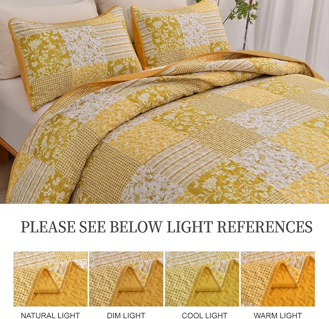 Mybedsoul Boho Quilt King Size, Patchwork Floral Bedding Set, Yellow | Soft Lightweight Microfiber Coverlet Set, 3 Pieces Plaid Reversible Bedspread, Bed Sets for All Seasons 90"x110"