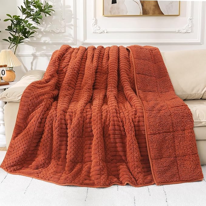 Cottonblue Sherpa Fleece Weighted Blanket 15 lbs for Adults Queen Size Soft | Fuzzy Jacquard Heavy Blankets Throw 60"x80" for Sleep Calm Relax, Cozy Warm Knitted Heavy Blanket for Bed Sofa,Burnt Orange