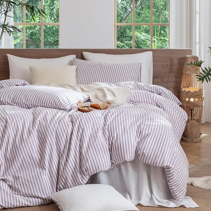MooMee Striped Duvet Cover Set 100% Washed Cotton Linen Like Queen | Relaxed Linen-like Texture. Soft, Breathable & Long-lasting Comfort. Lightweight. Hidden Zipper with 8 Interior Corner Ties
