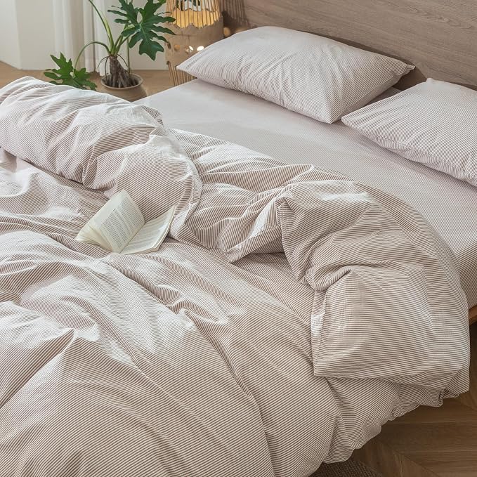MooMee Striped Duvet Cover Set 100% Washed Cotton Linen Like Queen | Relaxed Linen-like Texture. Soft, Breathable & Long-lasting Comfort. Lightweight. Hidden Zipper with 8 Interior Corner Ties