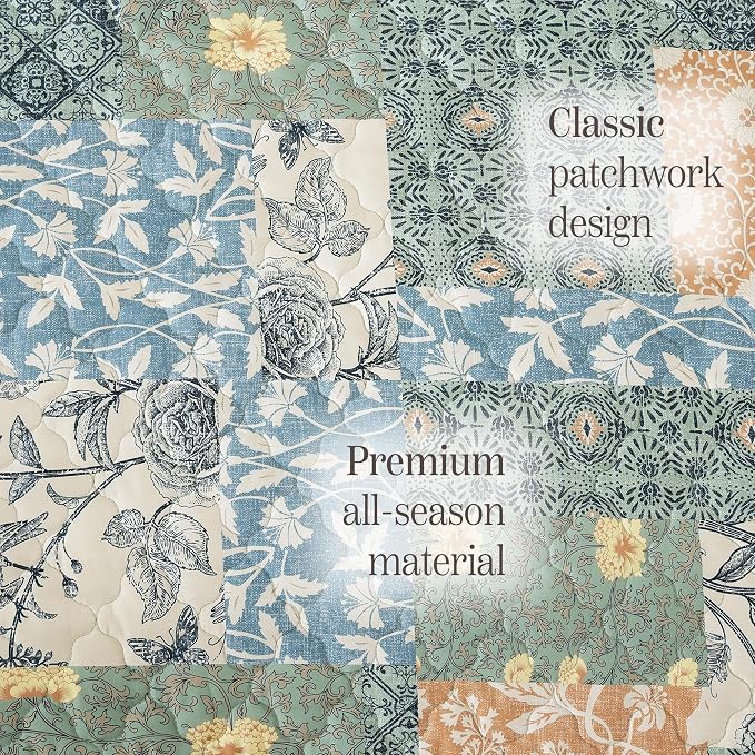 California King Quilt Set-3 Pieces Soft Bedding Floral Patchwork Coverlet | All Seasons Quilts Queen Size for Bed, 1 Quilt (120" x 110") and 2 Shams (20" x 36"), Vintage Bedspread, Green