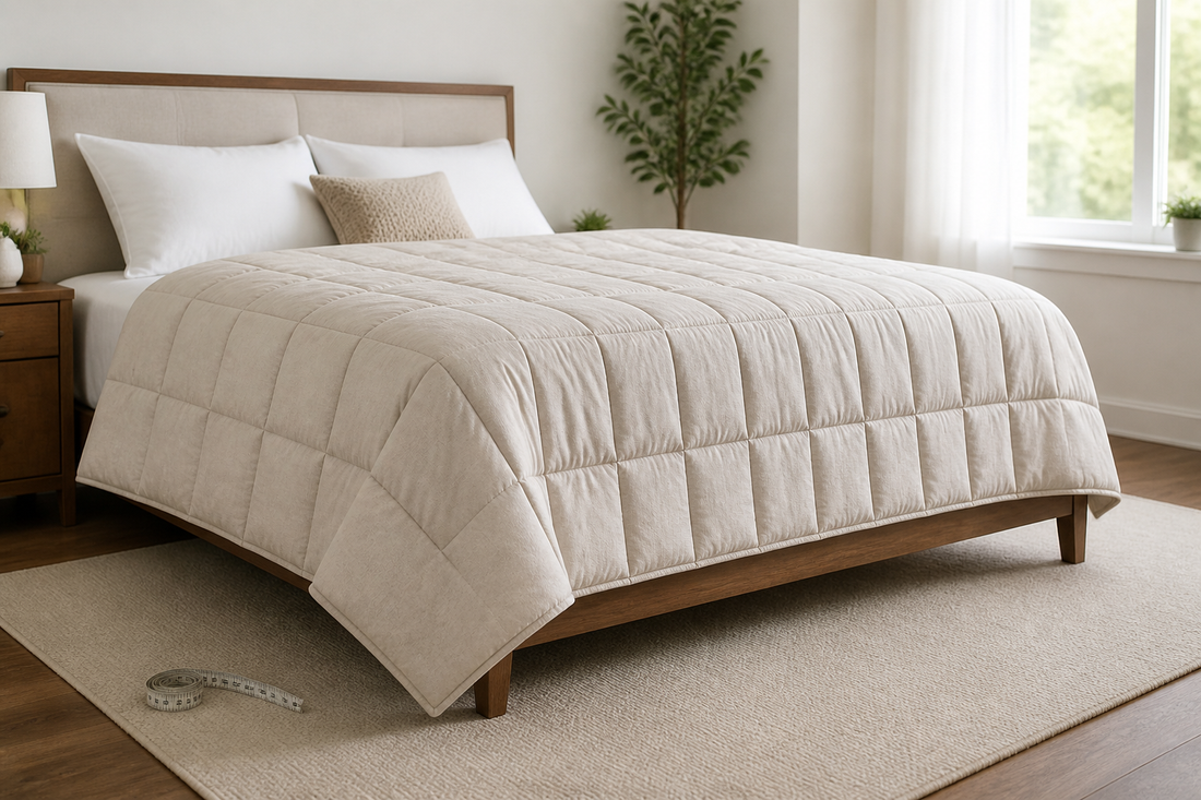 Neatly made bed with a neutral comforter showing balanced side and foot coverage