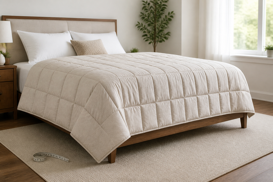 Neatly made bed with a neutral comforter showing balanced side and foot coverage