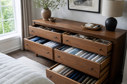 Organized bedroom dresser with visible folded clothing in purposefully arranged drawers
