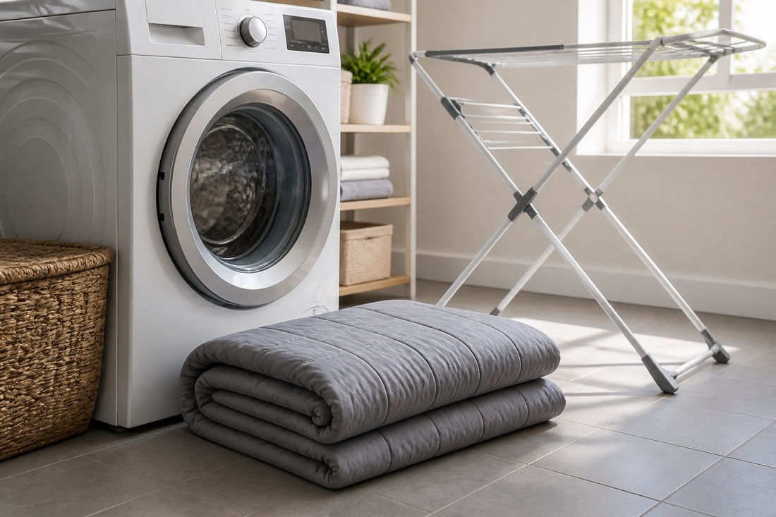 Folded weighted blanket positioned beside a washing machine and drying rack in a compact laundry area