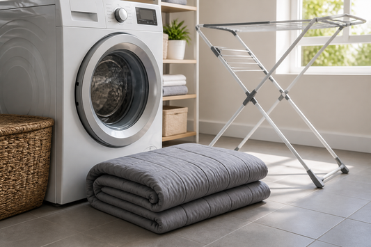Folded weighted blanket positioned beside a washing machine and drying rack in a compact laundry area