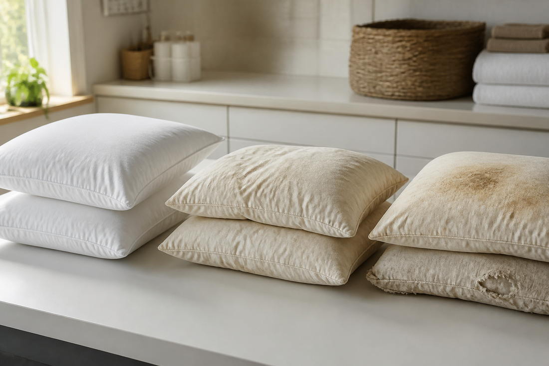 Old pillows separated by condition into usable, recoverable, and finished groups