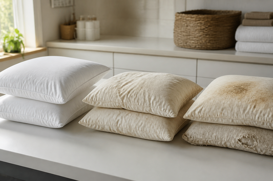 Old pillows separated by condition into usable, recoverable, and finished groups