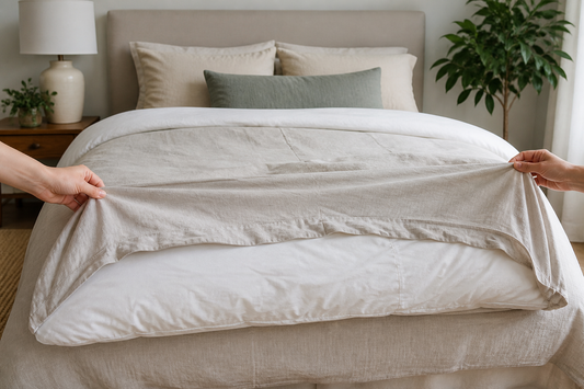 Hands putting a duvet cover on by matching the far corners of the inside-out cover with the duvet insert
