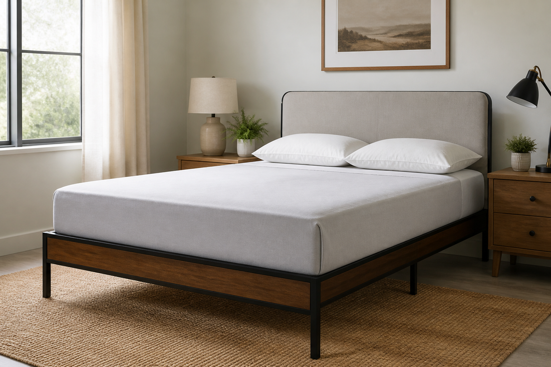Complete bedroom setup with a mattress fitted on a simple bed frame and organized open space beneath it