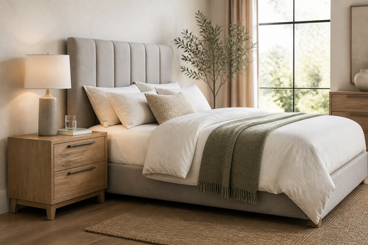 Bedroom with a nightstand proportioned to the bed and mattress height