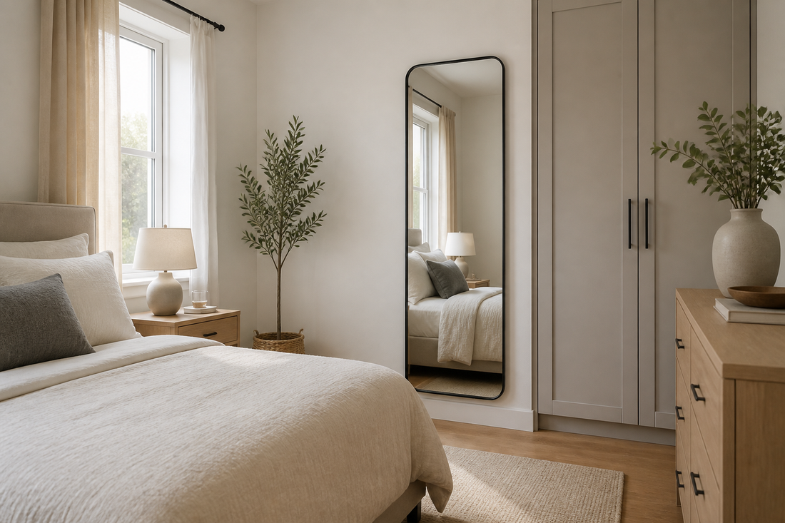 Full-length wall mirror positioned beside a bedroom wardrobe