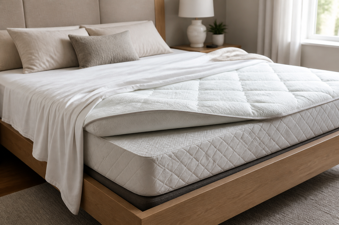 Mattress topper shifted to one side and exposing part of the mattress