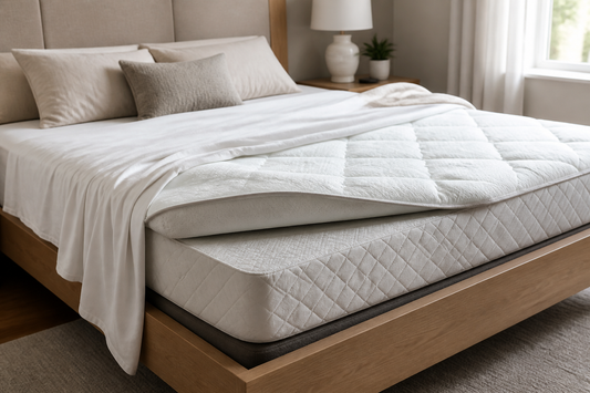 Mattress topper shifted to one side and exposing part of the mattress