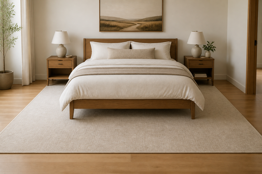 Bedroom with a rectangular rug extending beyond both sides and the foot of the bed