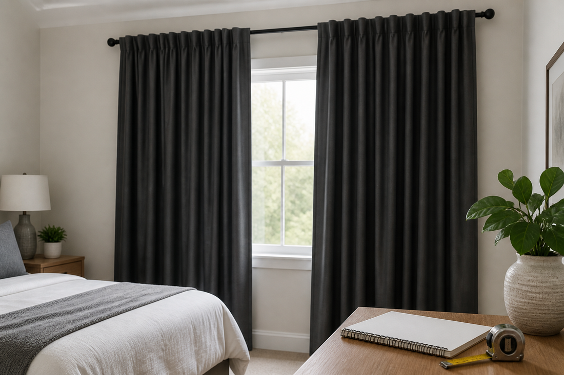 Blackout curtains mounted above and beyond a bedroom window with a tape measure and blank notepad nearby